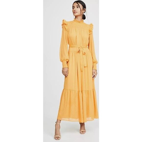 NWT English Factory Yellow Long Sleeve Swiss Dot Smocked Maxi Dress Womens Small - Picture 1 of 10